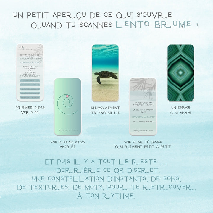 Aperçu des contenus accessibles après scan du mug Lento Brume : sons, mots, respirations