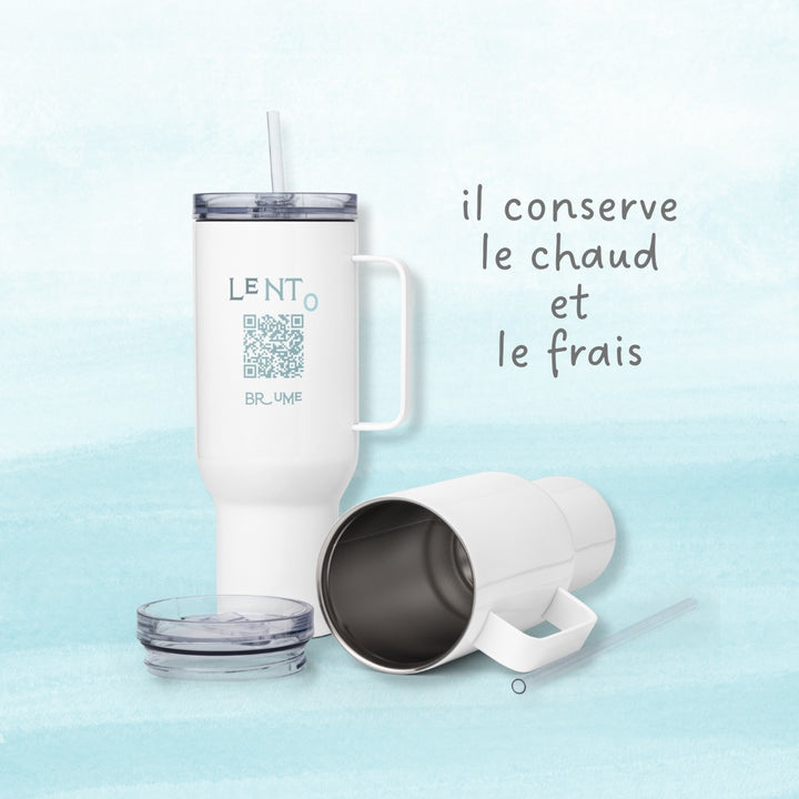 Mug Lento Brume avec couvercle ouvert et texte 'il conserve le chaud et le frais'